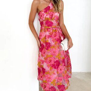 Lorraine One Shoulder Midi Dress - Pink Jacquard Floral | Size 8 | NWT